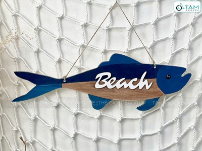 Bảng treo Cá gỗ sọc xanh Beach Retro [Nhẹ - Thủ công] 40x13cm BTC-BIEN-07